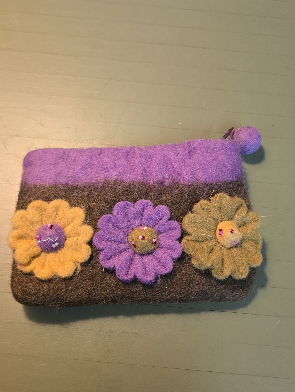 RISING TIDE Felted Wool FLOWER PURSE BAG Cosmetic Zip Clutch Purple Green Gray